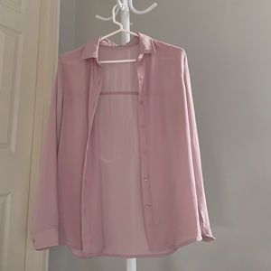 Pink Long Sleeve Button Down Chiffon Shirt With Collar Office Wear
